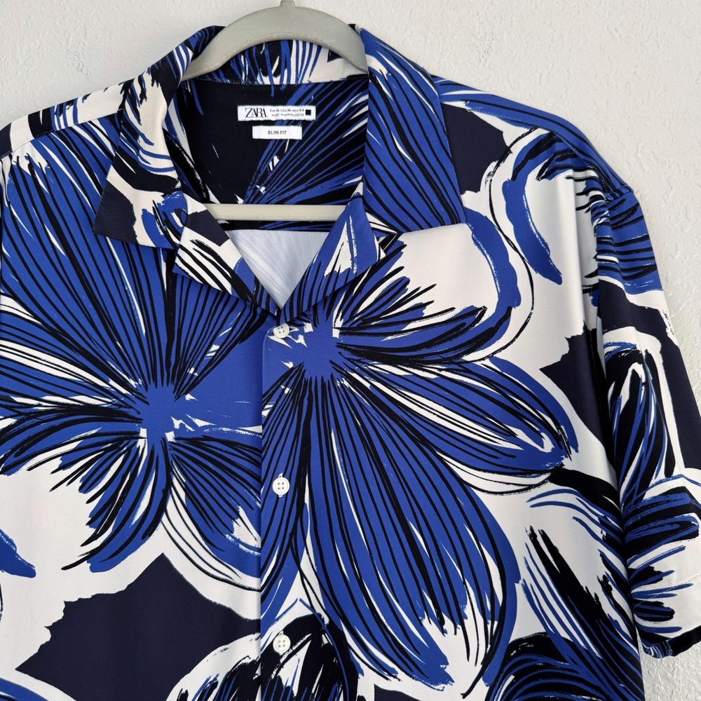 Zara Mens Slim Fit Floral Button Down Shirt Blue White XL Short Sleeve Tropical - Picture 2 of 9